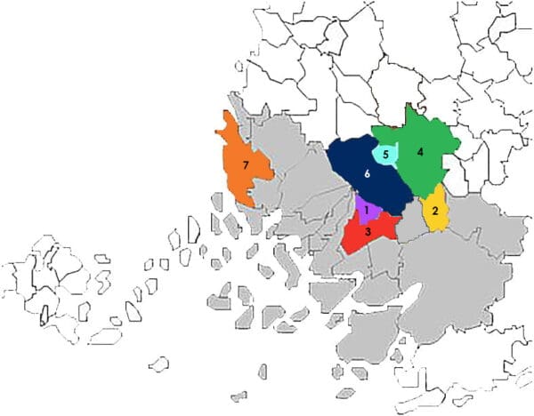 Piirroskuva kuntayhtymän jäsenkunnista kartalla.