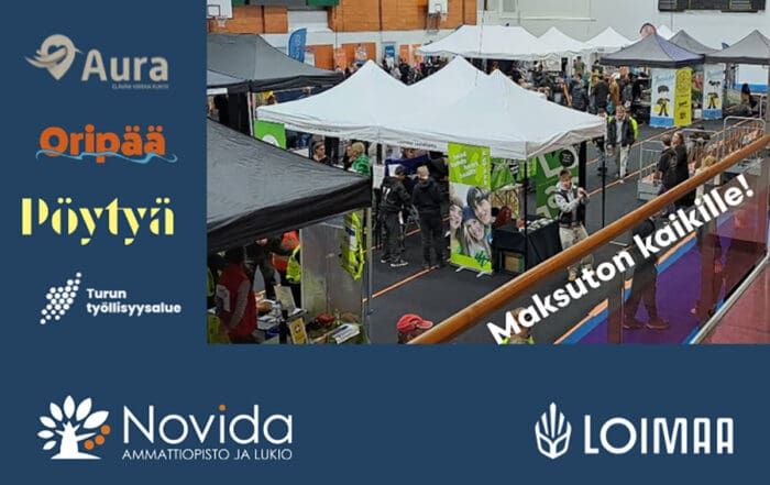 Kuvabanneri tapahtumasta jossa Novidan, Loimaan, Auran, Oripään, Pöytyän ja Turun työllisyysalueen logot.
