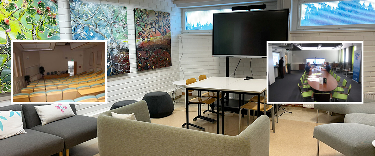 Tilavuokrat kopio Valokuva Hubista, jossa pienet valokuvat auditoriosta ja neuvotteluhuoneesta.